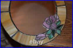 VTG Stained Glass Leaded Glass Oval Wall Mirror Raised Floral