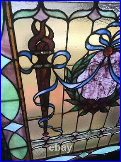 Very Rare Antique American Double Torch stained glass window Ship Ok