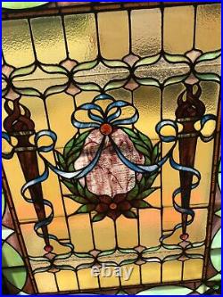 Very Rare Antique American Double Torch stained glass window Ship Ok