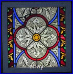 Victorian English Leaded Stained Glass Window Handpainted Floral 22 3/4 X 23 1/4