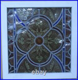 Victorian English Leaded Stained Glass Window Handpainted Floral 22 3/4 X 23 1/4