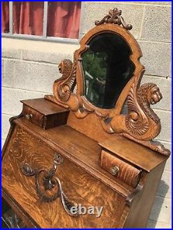 Victorian Oak Drop Front Desk, Lions And Leaded Glass Doors
