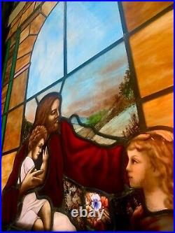 Victorian Stained Glass CHURCH Window Christ & Children 1893 With Delivery