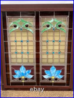 Victorian Style Stained Leaded Glass Window with Jewels 53 x 46