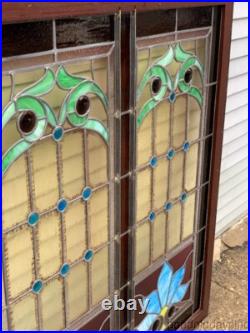 Victorian Style Stained Leaded Glass Window with Jewels 53 x 46