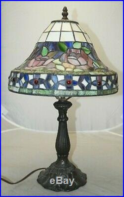 Vintage 1960s 70s Era Leaded Stained Art Glass Dome Shade Electric Table Lamp
