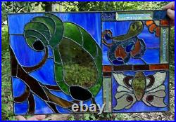 Vintage 3 Panel Stained Glass Nature Theme Transom Window Panel 11.25 X 17.25