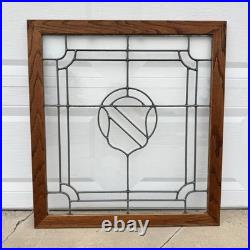 Vintage 80s Leaded Stained Glass Window Panel 31.5x29 Shield Crest Design