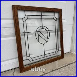 Vintage 80s Leaded Stained Glass Window Panel 31.5x29 Shield Crest Design