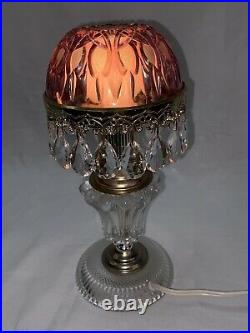 Vintage 9.5 Michelotti Cranberry Lead Crystal Glass Prism Boudoir Table Lamp