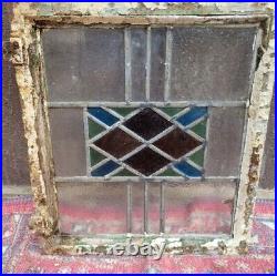 Vintage Architectural Salvage Stained Glass Window 17 X 19 Diamond Pattern