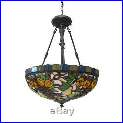 Vintage Bronze Leaded Stained Glass Hanging Chandelier/Pendant
