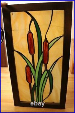 Vintage Cattail Stained Art Glass Window 27.6 x 14.6 Framed