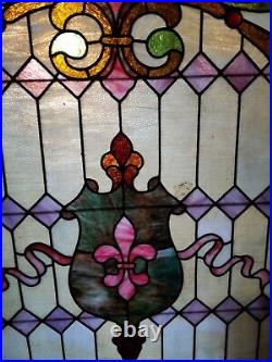 Vintage Fleur de Lis Stained Glass Window Panel 46 x 39