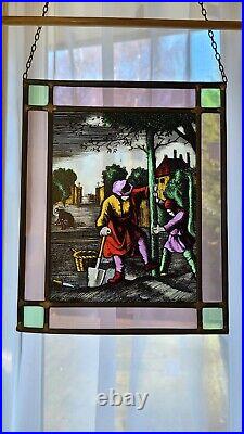 Vintage Framed Leaded Stained Glass Window Hanging Picture. From Holland 1960s