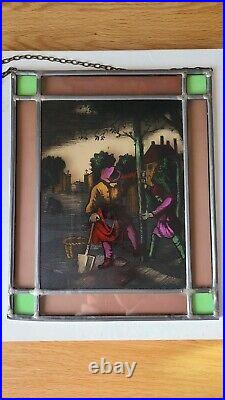 Vintage Framed Leaded Stained Glass Window Hanging Picture. From Holland 1960s
