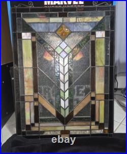 Vintage Framed Stained Glass Window Hanger, 24 X 18 With Hooks And Chain To