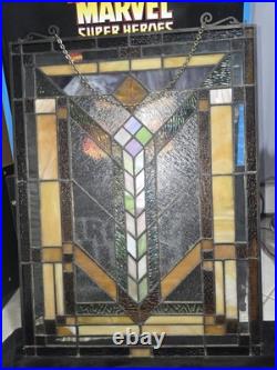 Vintage Framed Stained Glass Window Hanger, 24 X 18 With Hooks And Chain To