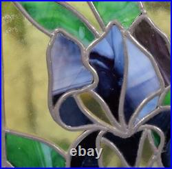 Vintage French Stained Glass Panel with Flowers Iris Window Hanging