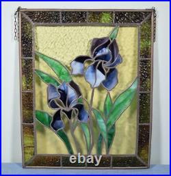 Vintage French Stained Glass Panel with Flowers Iris Window Hanging