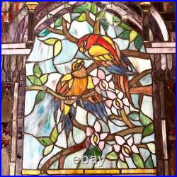 Vintage Hand Crafted TIFFANY Style LOVE BIRD Parrots Stained Glass Panel Window