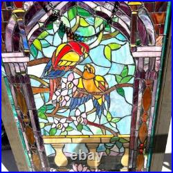Vintage Hand Crafted TIFFANY Style LOVE BIRD Parrots Stained Glass Panel Window