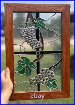 Vintage Jeweled Grapes Leaded Stained Glass Panel 18x13 inches