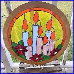 Vintage Large 22 Framed Christmas Candles / Poinsettias Stained Glass Window
