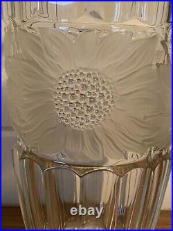 Vintage Large Clear Bohemian Leaded Glass Vase Frosted Beaded Etched Sunflowers