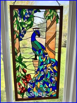 Vintage Large Handcrafted stained glass peacock window panel 40x20 Wood Frame Vintage Large Handcrafted stained glass peacock window panel 40x20 Wood Frame