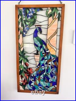 Vintage Large Handcrafted stained glass peacock window panel 40x20 Wood Frame Vintage Large Handcrafted stained glass peacock window panel 40x20 Wood Frame
