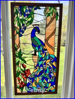Vintage Large Handcrafted stained glass peacock window panel 40x20 Wood Frame Vintage Large Handcrafted stained glass peacock window panel 40x20 Wood Frame