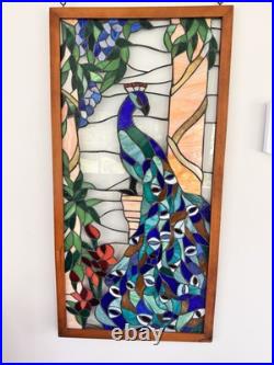 Vintage Large Handcrafted stained glass peacock window panel 40x20 Wood Frame Vintage Large Handcrafted stained glass peacock window panel 40x20 Wood Frame
