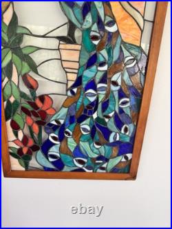 Vintage Large Handcrafted stained glass peacock window panel 40x20 Wood Frame Vintage Large Handcrafted stained glass peacock window panel 40x20 Wood Frame