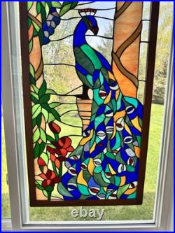 Vintage Large Handcrafted stained glass peacock window panel 40x20 Wood Frame Vintage Large Handcrafted stained glass peacock window panel 40x20 Wood Frame