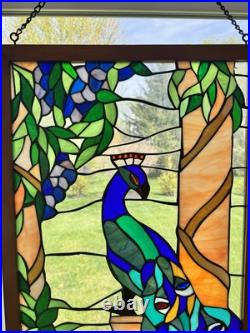 Vintage Large Handcrafted stained glass peacock window panel 40x20 Wood Frame Vintage Large Handcrafted stained glass peacock window panel 40x20 Wood Frame