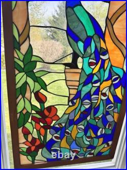 Vintage Large Handcrafted stained glass peacock window panel 40x20 Wood Frame Vintage Large Handcrafted stained glass peacock window panel 40x20 Wood Frame