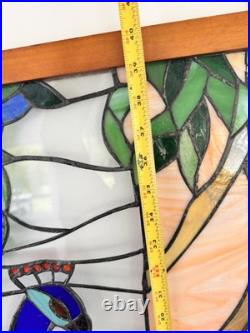 Vintage Large Handcrafted stained glass peacock window panel 40x20 Wood Frame Vintage Large Handcrafted stained glass peacock window panel 40x20 Wood Frame