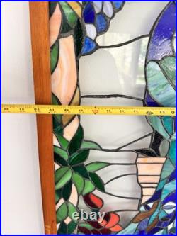 Vintage Large Handcrafted stained glass peacock window panel 40x20 Wood Frame Vintage Large Handcrafted stained glass peacock window panel 40x20 Wood Frame