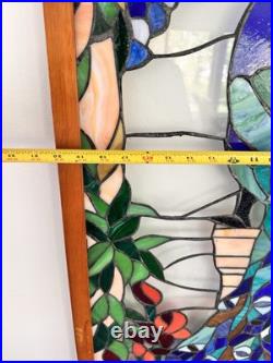 Vintage Large Handcrafted stained glass peacock window panel 40x20 Wood Frame Vintage Large Handcrafted stained glass peacock window panel 40x20 Wood Frame