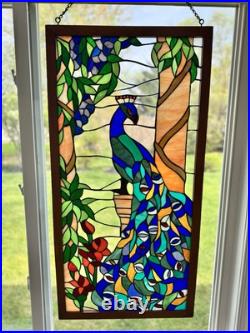 Vintage Large Handcrafted stained glass peacock window panel 40x20 Wood Frame Vintage Large Handcrafted stained glass peacock window panel 40x20 Wood Frame