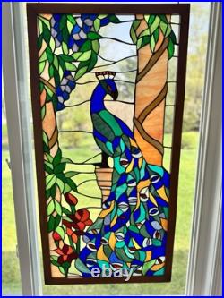 Vintage Large Handcrafted stained glass peacock window panel 40x20 Wood Frame Vintage Large Handcrafted stained glass peacock window panel 40x20 Wood Frame
