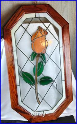 Vintage Lead Stained Glass Window Hanging Wooden Frame Flower Rose 34 X 18 1/2
