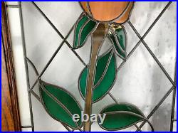 Vintage Lead Stained Glass Window Hanging Wooden Frame Flower Rose 34 X 18 1/2