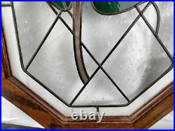 Vintage Lead Stained Glass Window Hanging Wooden Frame Flower Rose 34 X 18 1/2