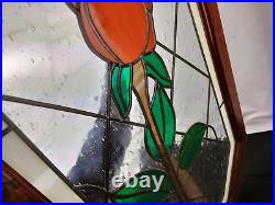 Vintage Lead Stained Glass Window Hanging Wooden Frame Flower Rose 34 X 18 1/2
