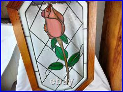 Vintage Lead Stained Glass Window Hanging Wooden Frame Flower Rose 34 X 18 1/2