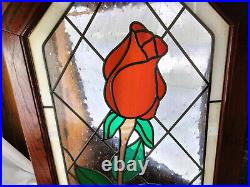 Vintage Lead Stained Glass Window Hanging Wooden Frame Flower Rose 34 X 18 1/2