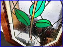 Vintage Lead Stained Glass Window Hanging Wooden Frame Flower Rose 34 X 18 1/2
