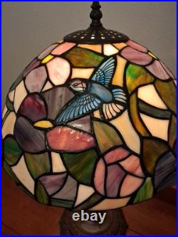 Vintage Leaded Glass Table Lamp Solid Brass Base Hummingbird Stained Glass